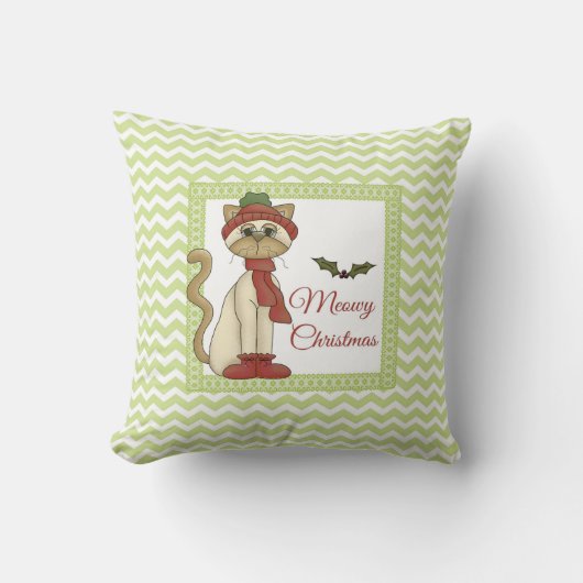 Meowy Christmas子猫（緑の山形の背景あり） クッション (正面)
