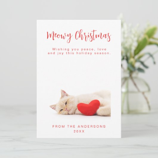 Meowy Christmas白い猫おもしろいの写真ホリデーカード 招待状 (スタンド正面)