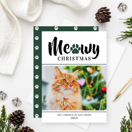 Meowy Christmas モダン Green Catフォトカード