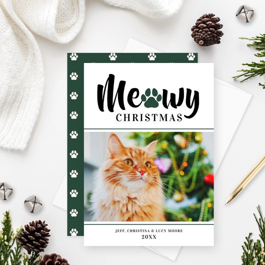 Meowy Christmas モダン Green Catフォトカード