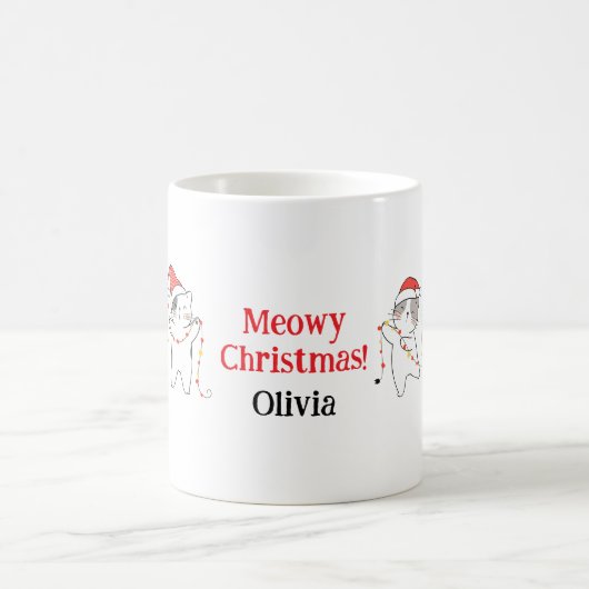 Meowy Christmas 猫マグカップ - 名前入りホリデーギフト コーヒーマグカップ (中央)