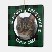 MEOWY CHRISTMAS 2面2写真猫グリーンプレイド セラミックオーナメント (左)