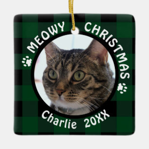 MEOWY CHRISTMAS 2面2写真猫グリーンプレイド セラミックオーナメント