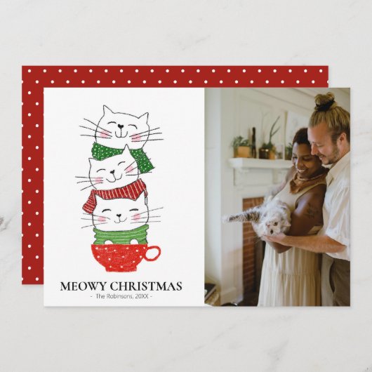 Meowy Christmas 3匹の猫カップスカーフ写真かわいい シーズンカード (正面/裏面)