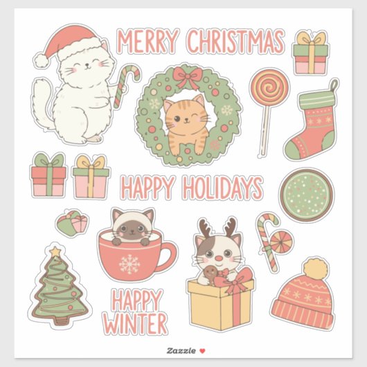Meowy Christmas! Adorable Kawaii Cats Holiday シール (シート)