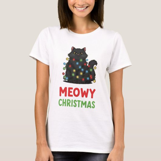 Meowy Christmas Black Cat with Lights Tシャツ (正面)