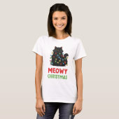Meowy Christmas Black Cat with Lights Tシャツ (正面フル)