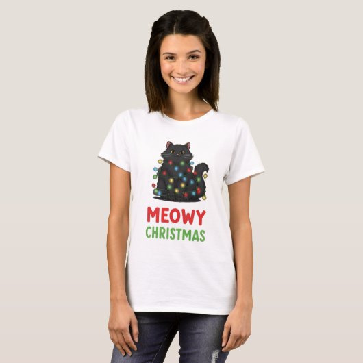 Meowy Christmas Black Cat with Lights Tシャツ (正面フル)