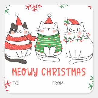 Meowy Christmas Catステッカーのギフトラベル スクエアシール