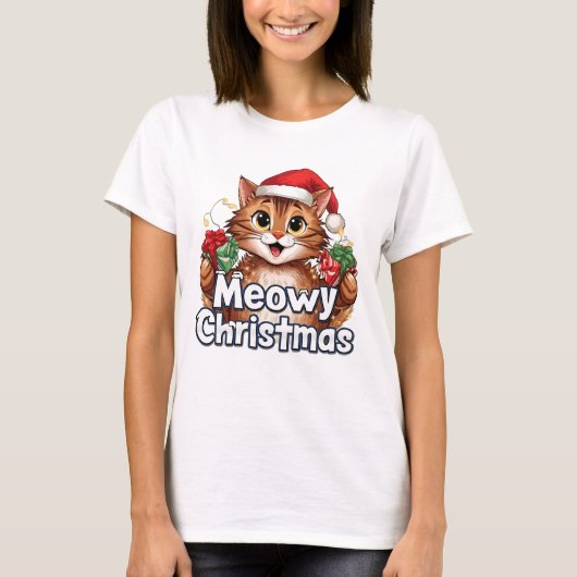 Meowy Christmas Cat . Funny Holiday Tee Tシャツ (正面)