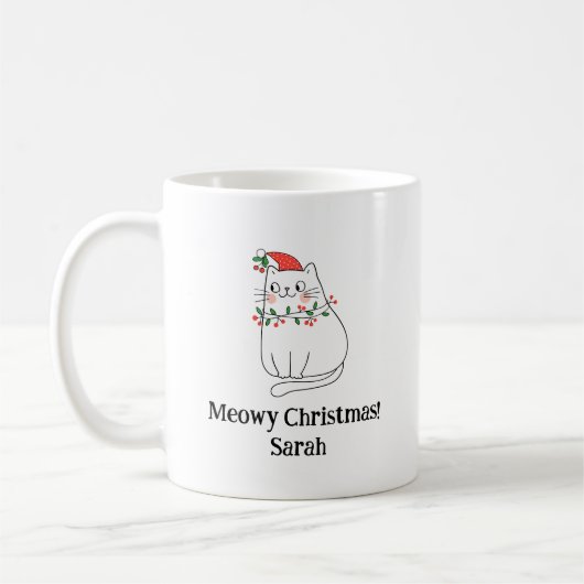 Meowy Christmas Cat Mug – 名前入りホリデーギフト コーヒーマグカップ (左)
