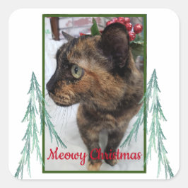 Meowy Christmas Cat Photo Evergreen Fractal Bough スクエアシール