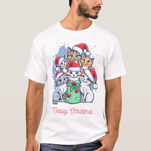 Meowy Christmas Cat Tシャツ、かわいい&フェスティバル休日 Tシャツ (正面)