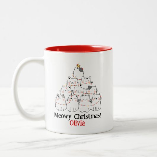 Meowy Christmas Cat Tree Mug – オーナメントネーム ホリデー ツートーンマグカップ (左)
