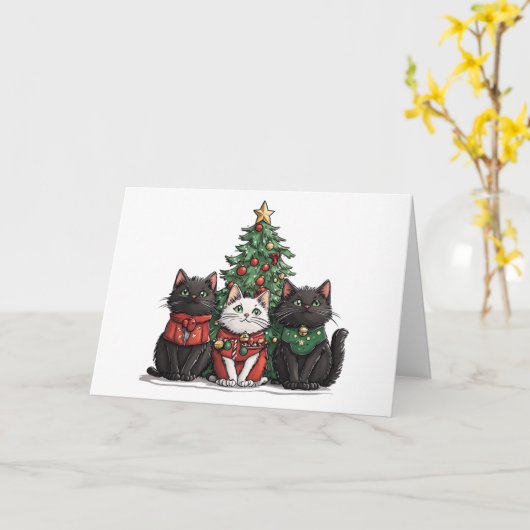 Meowy Christmas Cats Holiday Tree カード (黄色い花)