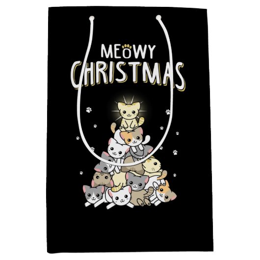 Meowy Christmas Classic Merry Christmas ミディアムペーパーバッグ (正面)