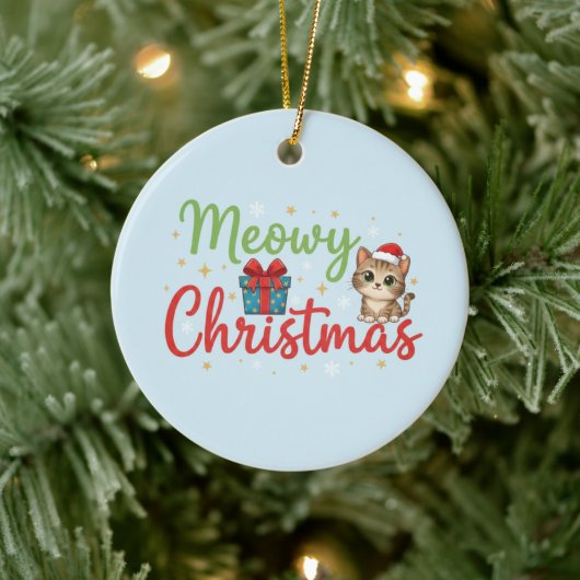 Meowy Christmas - Cute Cat & Gift Box Holiday セラミックオーナメント (ツリー)