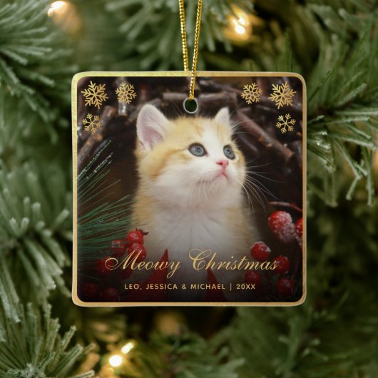 Meowy Christmas Cute Cat Pet Photo Faux Gold Foil セラミックオーナメント (ツリー)