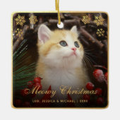 Meowy Christmas Cute Cat Pet Photo Faux Gold Foil セラミックオーナメント (正面)