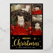 Meowy Christmas Cute Cat  Photo Collage Pet Kitten 箔シーズンカード (正面)