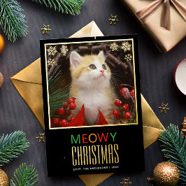 Meowy Christmas Cute Pet Cat Photo & Snowflaks 箔シーズンカード
