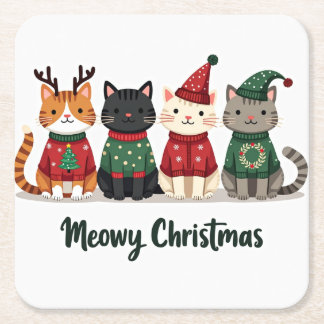 Meowy Christmas Four Cats スクエアペーパーコースター