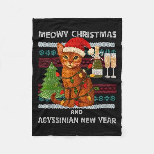 Meowy Christmas Funny Abyssinian Cat Santa Hat Ugl フリースブランケット (正面)