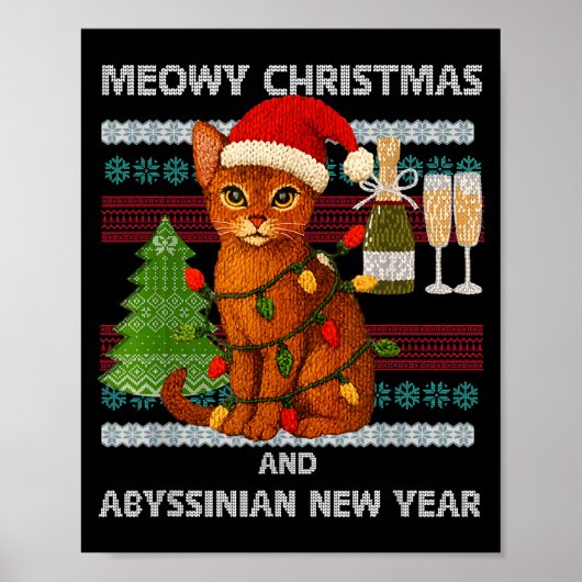 Meowy Christmas Funny Abyssinian Cat Santa Hat Ugl ポスター (正面)