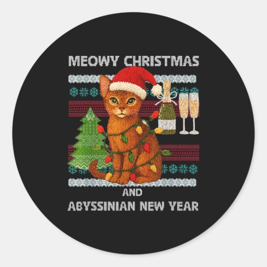 Meowy Christmas Funny Abyssinian Cat Santa Hat Ugl ラウンドシール (正面)