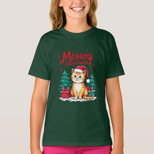 Meowy Christmas Funny Cat T-shirt Tシャツ (正面)