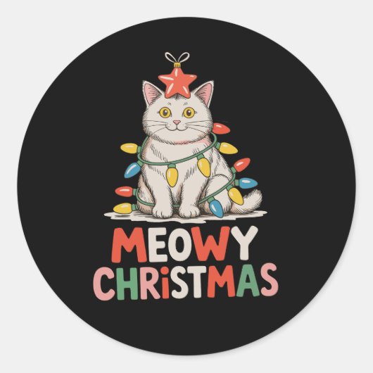 Meowy Christmas Funny Cute Cat Xmas Lights Holiday ラウンドシール (正面)