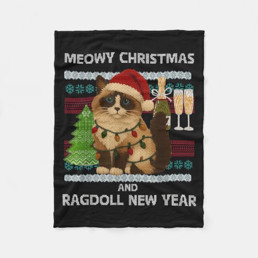 Meowy Christmas Funny Ragdoll Cat Santa Hat Ugly S フリースブランケット (正面)