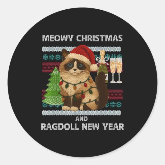 Meowy Christmas Funny Ragdoll Cat Santa Hat Ugly S ラウンドシール (正面)