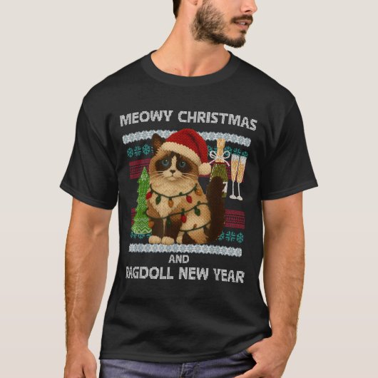 Meowy Christmas Funny Ragdoll Cat Santa Hat Ugly S Tシャツ (正面)