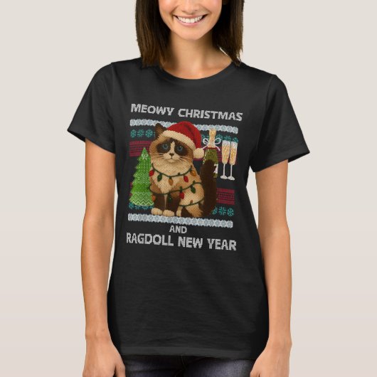 Meowy Christmas Funny Ragdoll Cat Santa Hat Ugly S Tシャツ (正面)