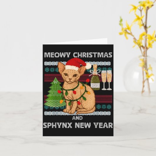 Meowy Christmas Funny Sphynx Cat Santa Hat Ugly Sw カード (黄色い花)
