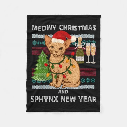 Meowy Christmas Funny Sphynx Cat Santa Hat Ugly Sw フリースブランケット (正面)