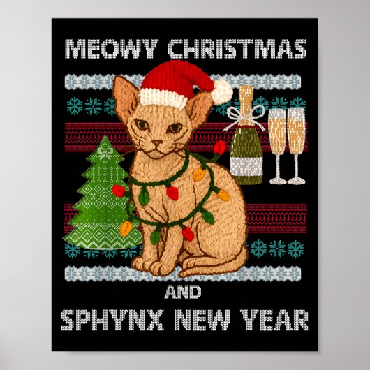 Meowy Christmas Funny Sphynx Cat Santa Hat Ugly Sw ポスター (正面)