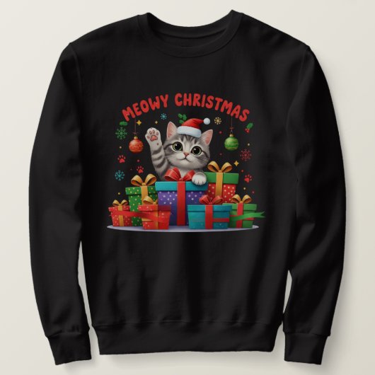 Meowy Christmas Gift Cat – Cute Holiday T-Shirt スウェットシャツ (デザイン正面)
