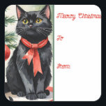 Meowy Christmas Kitten with a bow Holiday Giftラベル スクエアシール<br><div class="desc">ステッカーギフトラベルへ魅力的と、このデザインはヴィンテージオーナメントの球根で飾られた美しいクリスマスツリーの横に置かれたフェスティバルの赤い弓を着て、魅力的な黄色の目を持つ愛らしい黒い子猫の楽しい水色のイラストレーションを特徴とす飾る。</div>