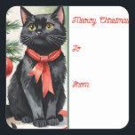 Meowy Christmas Kitten with a bow Holiday Giftラベル スクエアシール<br><div class="desc">ステッカーギフトラベルへ魅力的と、このデザインはヴィンテージオーナメントの球根で飾られた美しいクリスマスツリーの横に置かれたフェスティバルの赤い弓を着て、魅力的な黄色の目を持つ愛らしい黒い子猫の楽しい水色のイラストレーションを特徴とす飾る。</div>