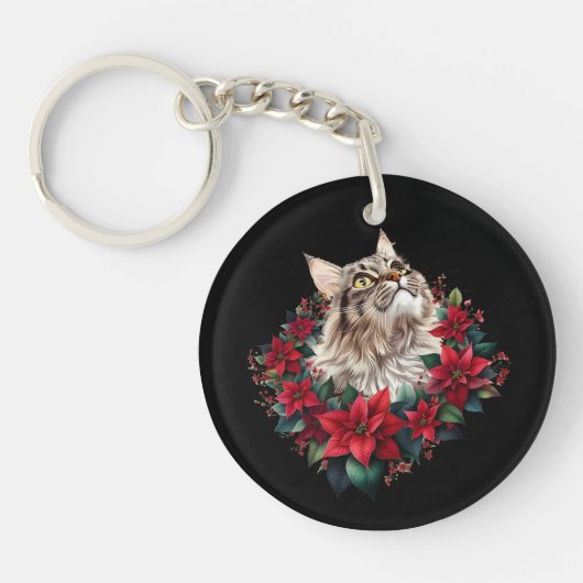 Meowy Christmas Maine Coon Cat  キーホルダー (正面)