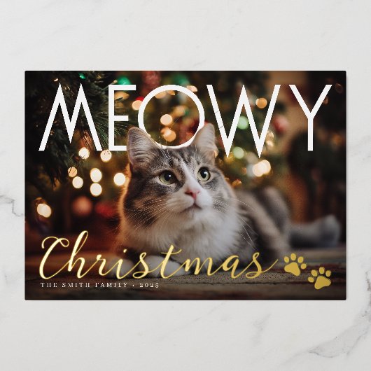 Meowy Christmas Modern Photo Holiday Card 箔シーズンカード (正面)