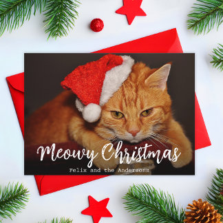 Meowy Christmas Pet Photo Cat with Red Santa Hat  シーズンカード