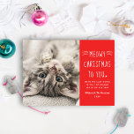 Meowy Christmas Red Catのおもしろい写真 シーズンカード<br><div class="desc">あなたの新しい検疫子猫や毛皮の友人を表示するパーフェクトカー最高のド!手書きの文字や文字に隣接した子どもの写真おもしろいを、温かく心地よい願いのあるの休日メッセージや猫の名前、そして姓や家族と一緒にカスタマイズしたカスタム「Meowy Christmas to You」のキティ猫をテーマにしたホリデーフォトカード。そしてモダンデザインはフェスティバルオレンジ色の赤い背景と白いヒゲとハートアクセントを含む。白い水平抽象芸術のパタストライプーンがカードの背面に着く。</div>