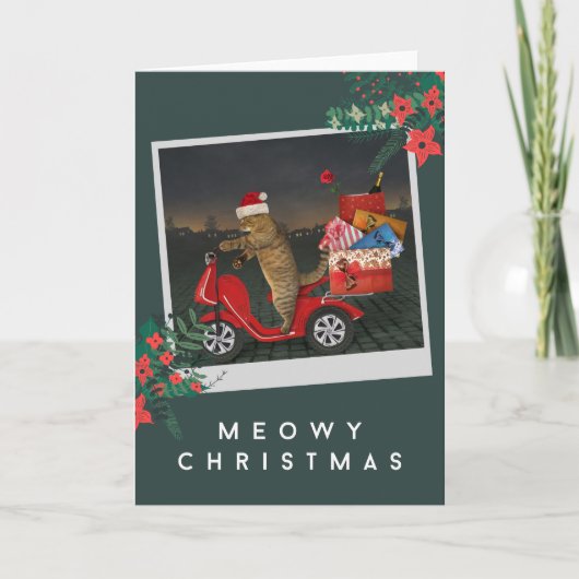 Meowy Christmas - Santa Cat On Scooter With Gives シーズンカード (正面)