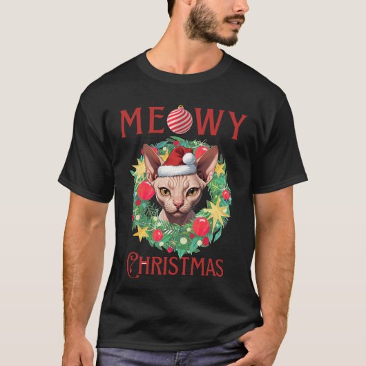 Meowy Christmas Sphynx Cat Design Tシャツ (正面)