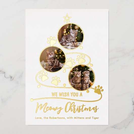 Meowy Christmas Tree Cat 3枚の写真ペット 箔シーズンカード (正面)