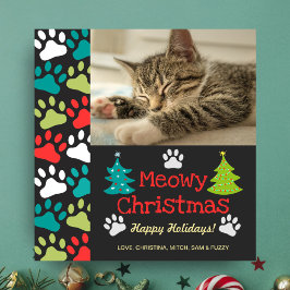 Meowy Christmas Tree Doodle Paw Print Cat Photo シーズンカード