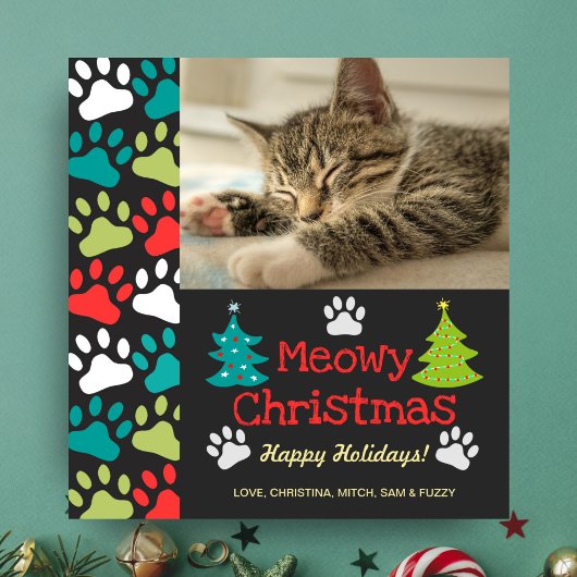 Meowy Christmas Tree Doodle Paw Print Cat Photo シーズンカード